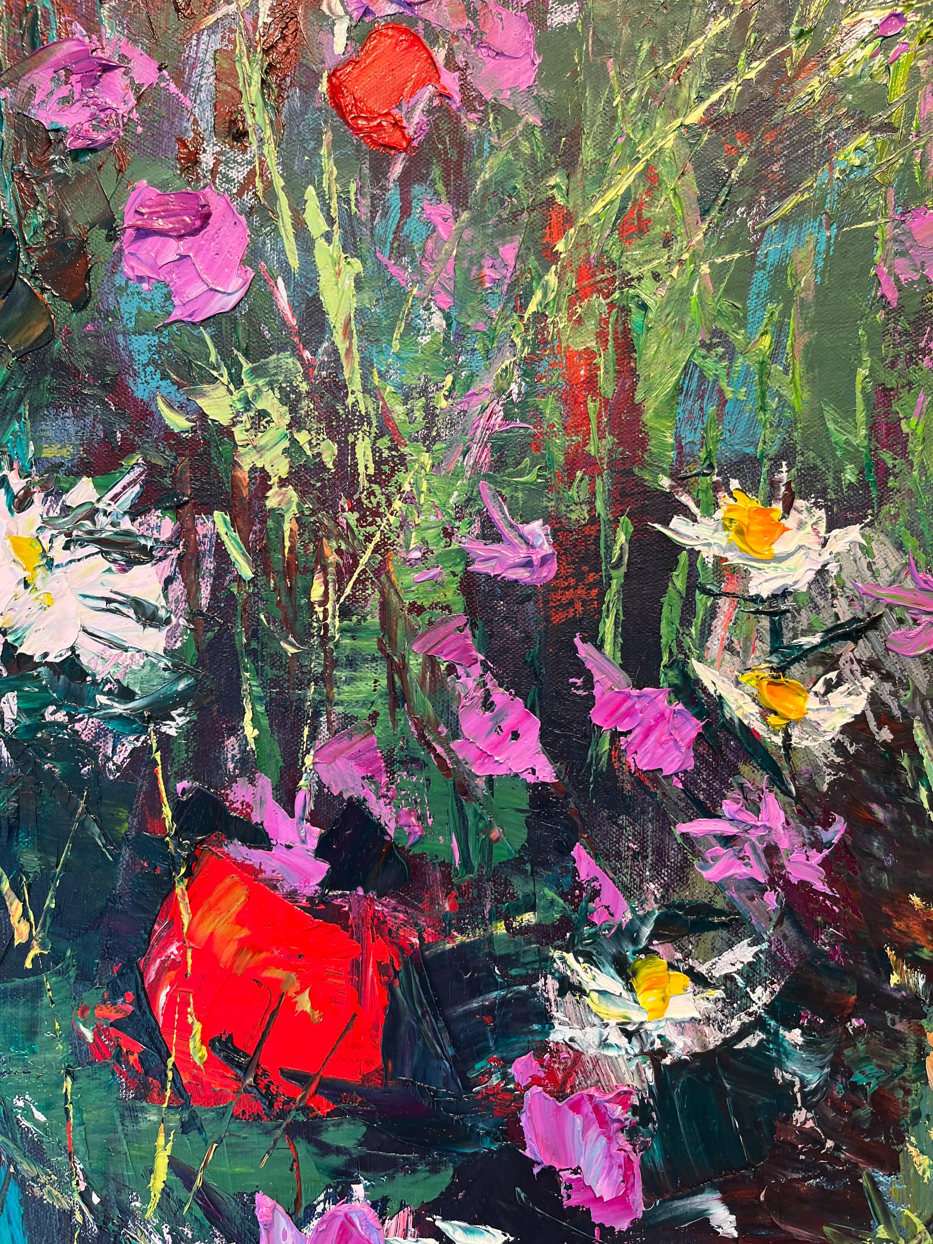 Wild Flower Meadow-original abstract floral landscape painting-contemporary art - Blue Landscape Painting by Sylvia Paul