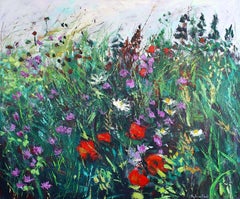 Vintage Wild Flower Meadow-original abstract floral landscape painting-contemporary art