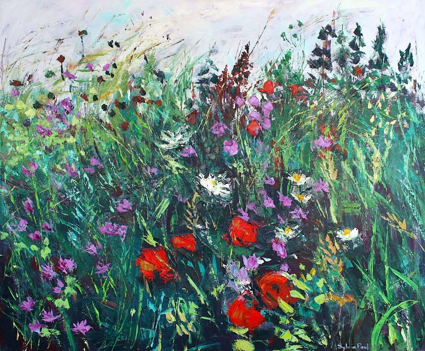 Sylvia Paul Landscape Painting - Wild Flower Meadow-original abstract floral landscape painting-contemporary art