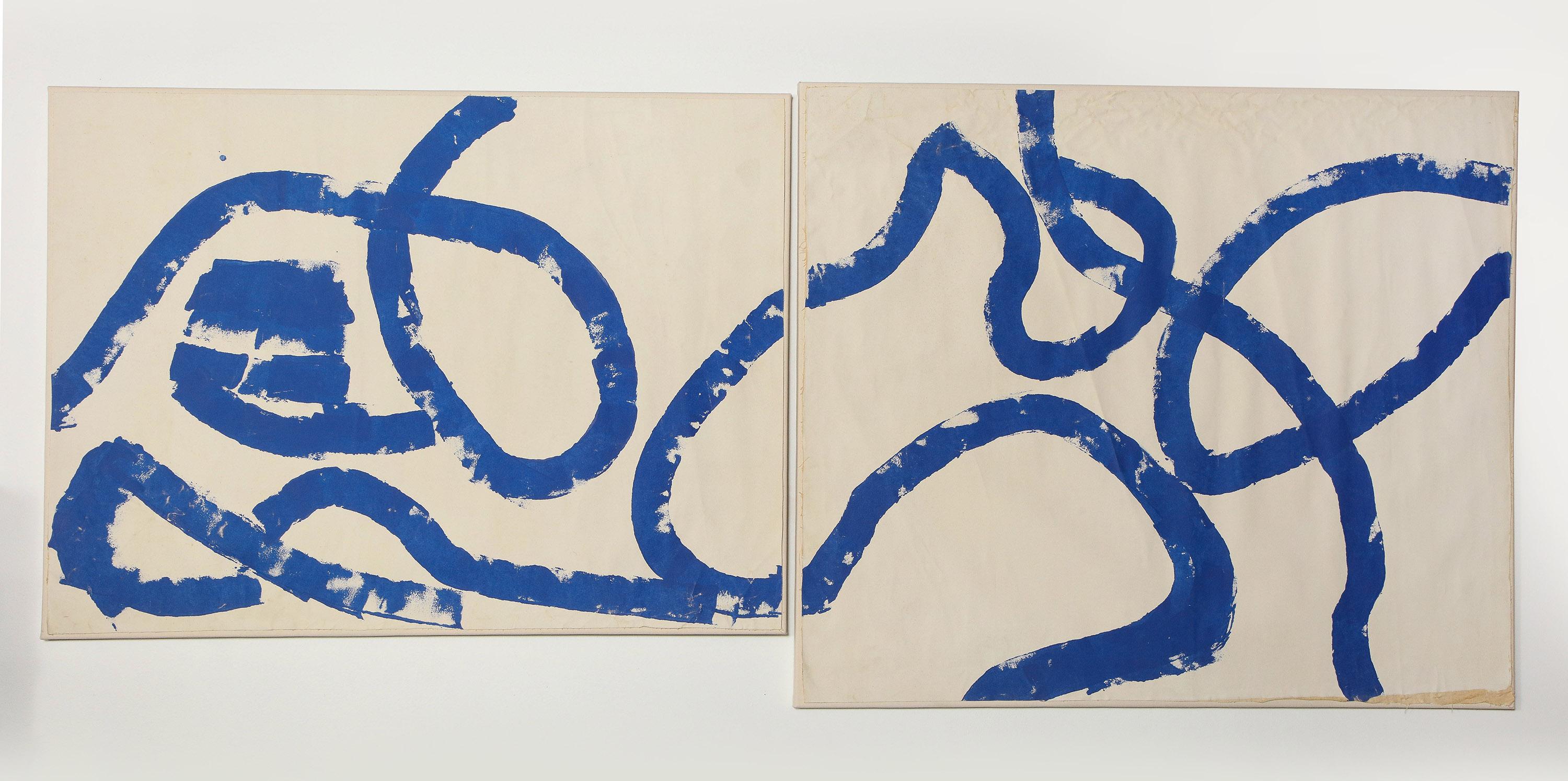 Sylvia Rutkoff (1919-2011)
sr23-1
1960s
"Blue Abstract"
Diptych
Oil paint on unstretched canvas
1) 57"x41" 2) 56.5"x49" total width 114" attached to stretched canvas using archival methods
Unsigned
Collection acquired from family estate

Minor wear