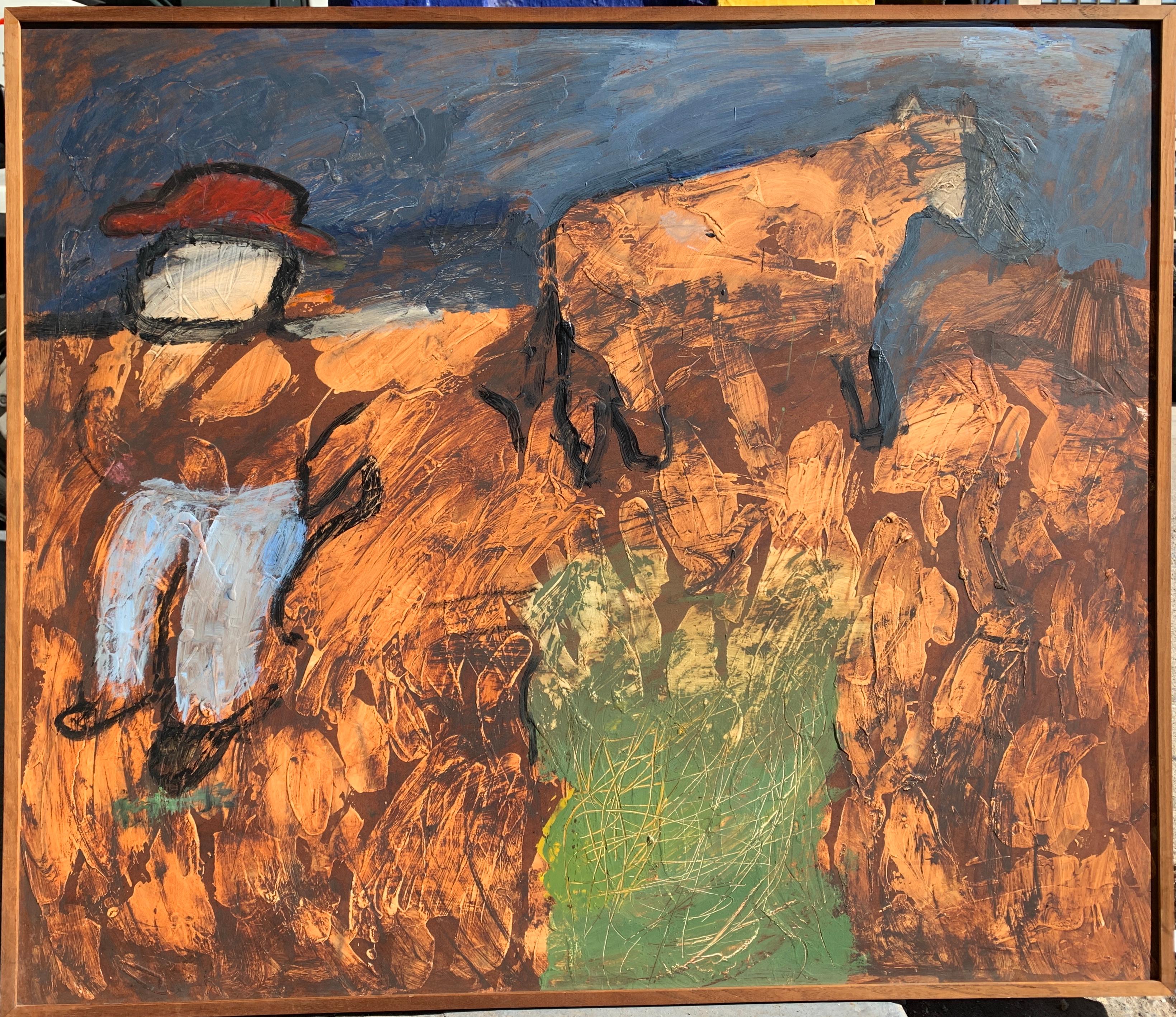 Sylvia Rutkoff Landscape Painting – "Der Cowboy" Öl-Impasto-Gemälde, Mitte des Jahrhunderts, signiert, 42x36 Zoll