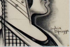 "Bee Keeper, " Black Conte Crayon Drawing signed by Sylvia Spicuzza