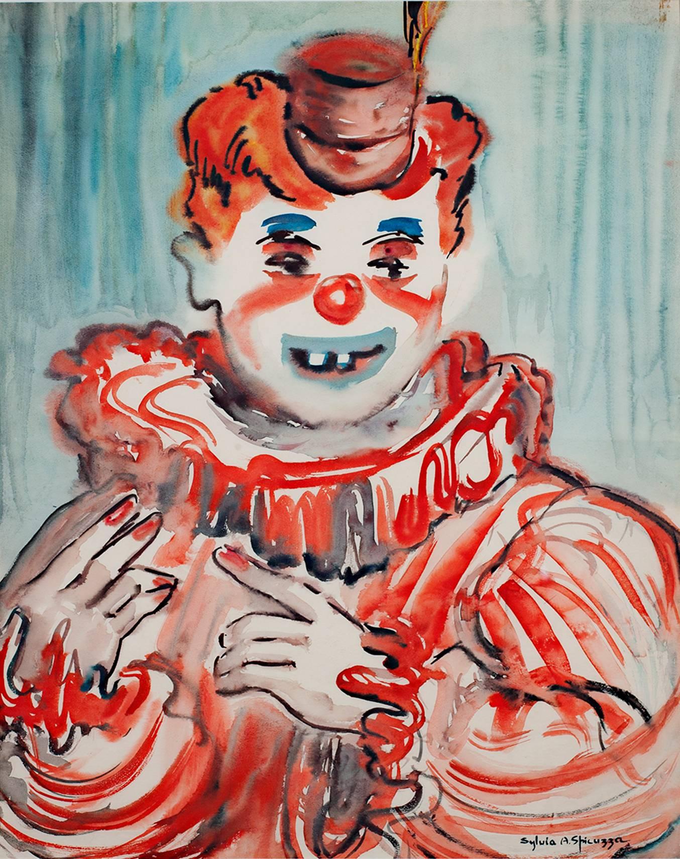 "Payaso de cerca" es una acuarela original de Sylvia Spicuzza. El artista firmó la obra con tinta en la parte inferior derecha. Representa a un payaso vestido de rojo delante de un fondo azul. 

Arte 23" x 18
Marco de 33" x 29 1/4

Nacida en 1908,