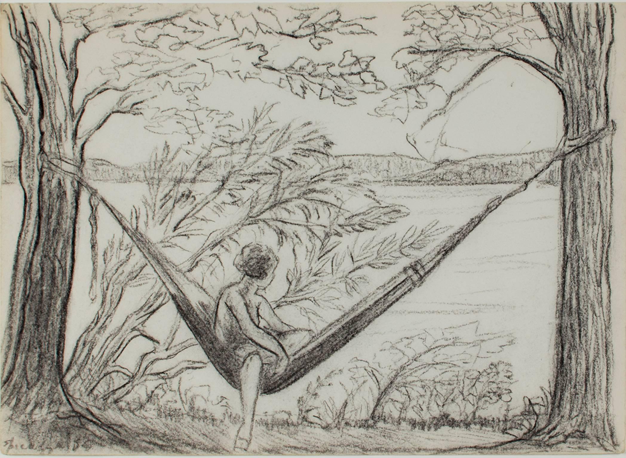 girl in hammock drawing