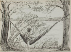 "Girl in Hammock - Big Cedar Lake, " Graphite Drawing by Sylvia Spicuzza