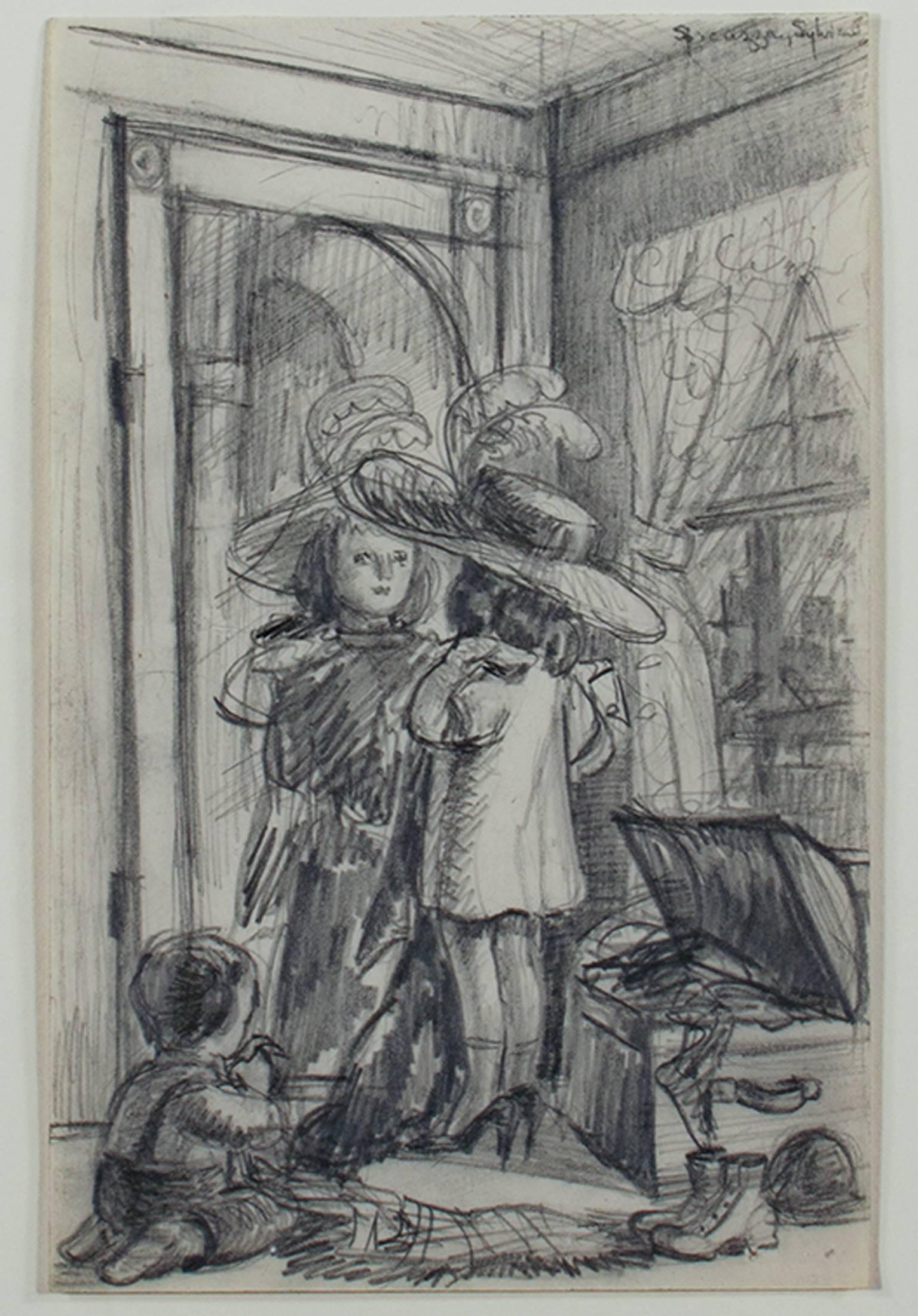 "Playing Dress Up in the Attic" ist eine Original-Graphitzeichnung von Sylvia Spicuzza. Der Künstler hat das Werk signiert. Dieses Kunstwerk zeigt zwei Kinder, die sich verkleiden. 

8" x 5" Kunst
19 1/8" x 16 1/8" Rahmen

Die 1908 geborene Sylvia