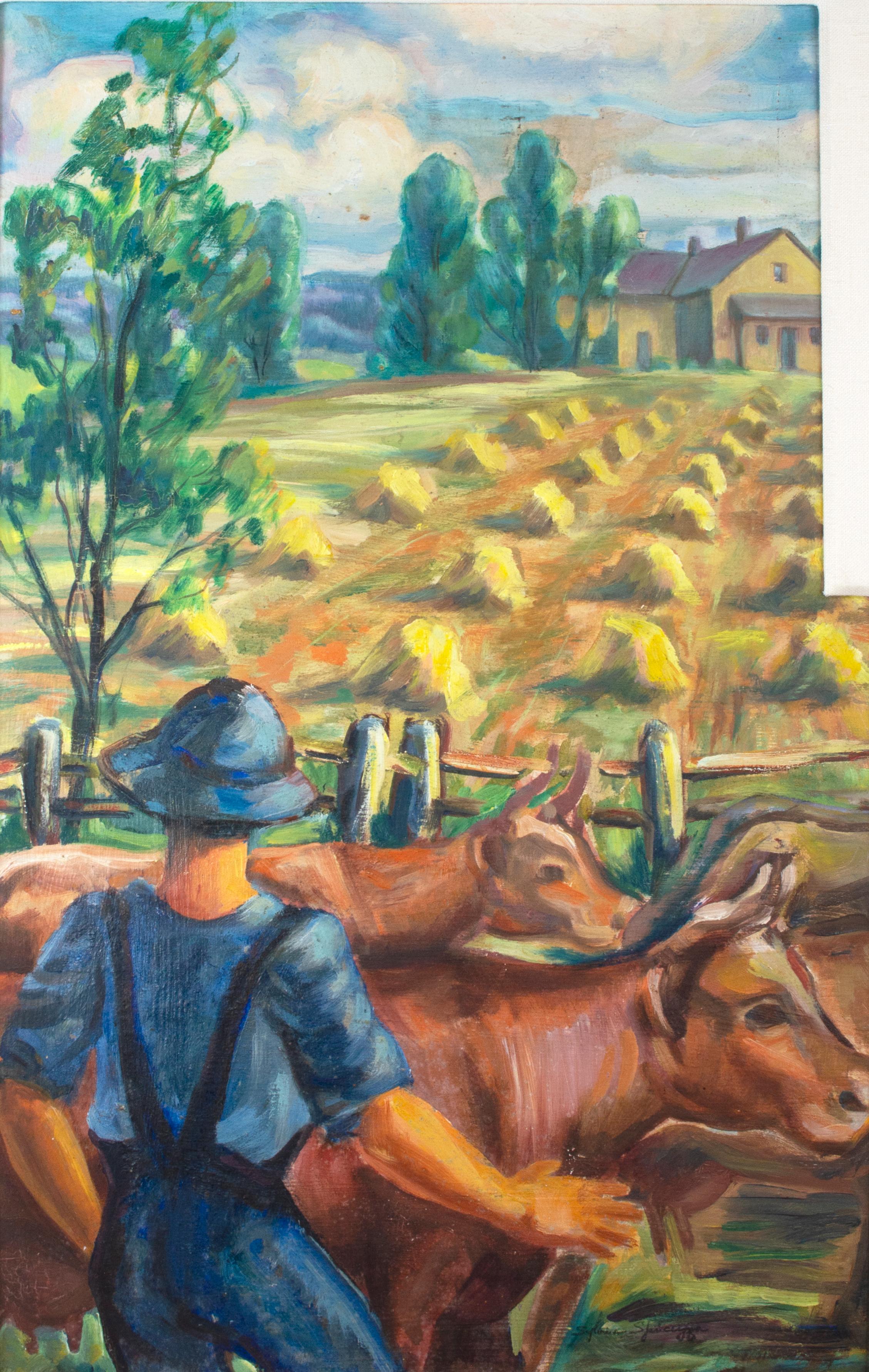 'Farmer with Cows' original Regionalist painting on board Midwestern landscape - Painting by Sylvia Spicuzza