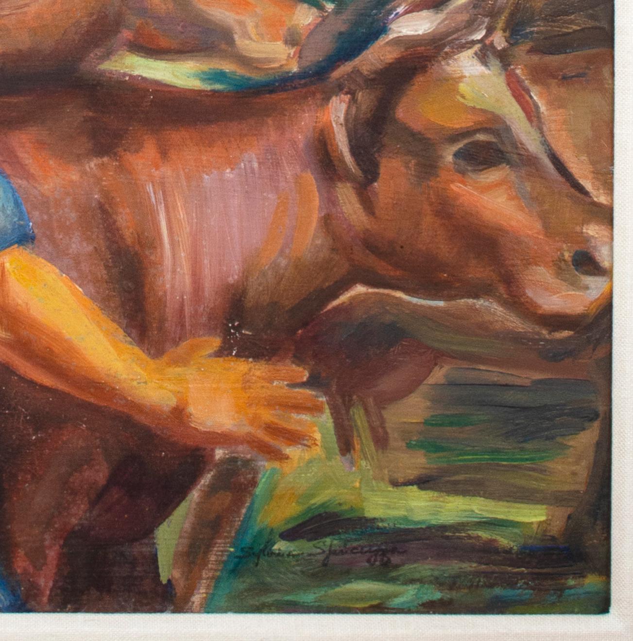 „Farmer mit Kühen“ Original regionalistisches Gemälde auf Karton, Nordwest-Landschaft (Amerikanische Moderne), Painting, von Sylvia Spicuzza