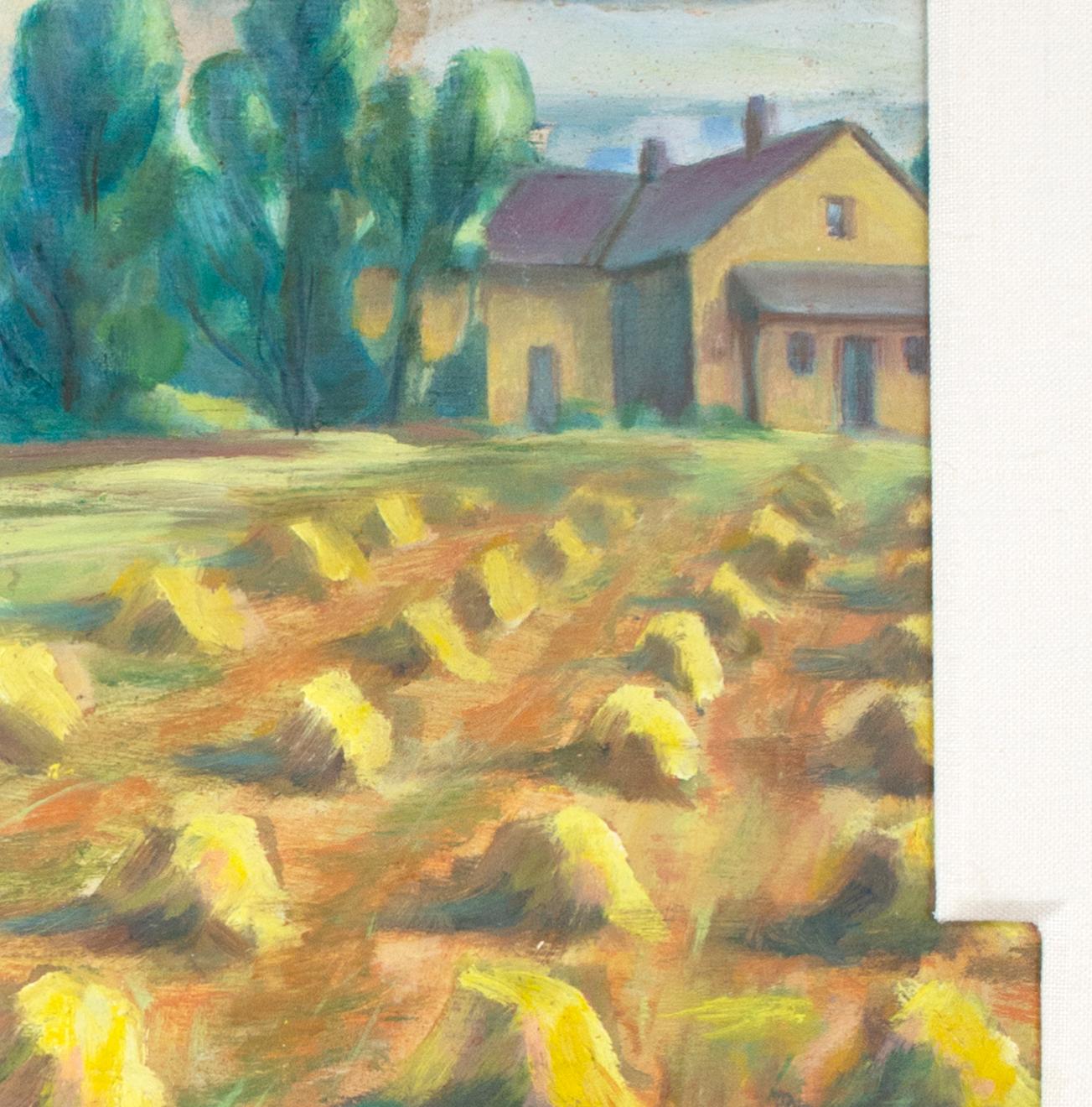 „Farmer mit Kühen“ Original regionalistisches Gemälde auf Karton, Nordwest-Landschaft (Beige), Landscape Painting, von Sylvia Spicuzza