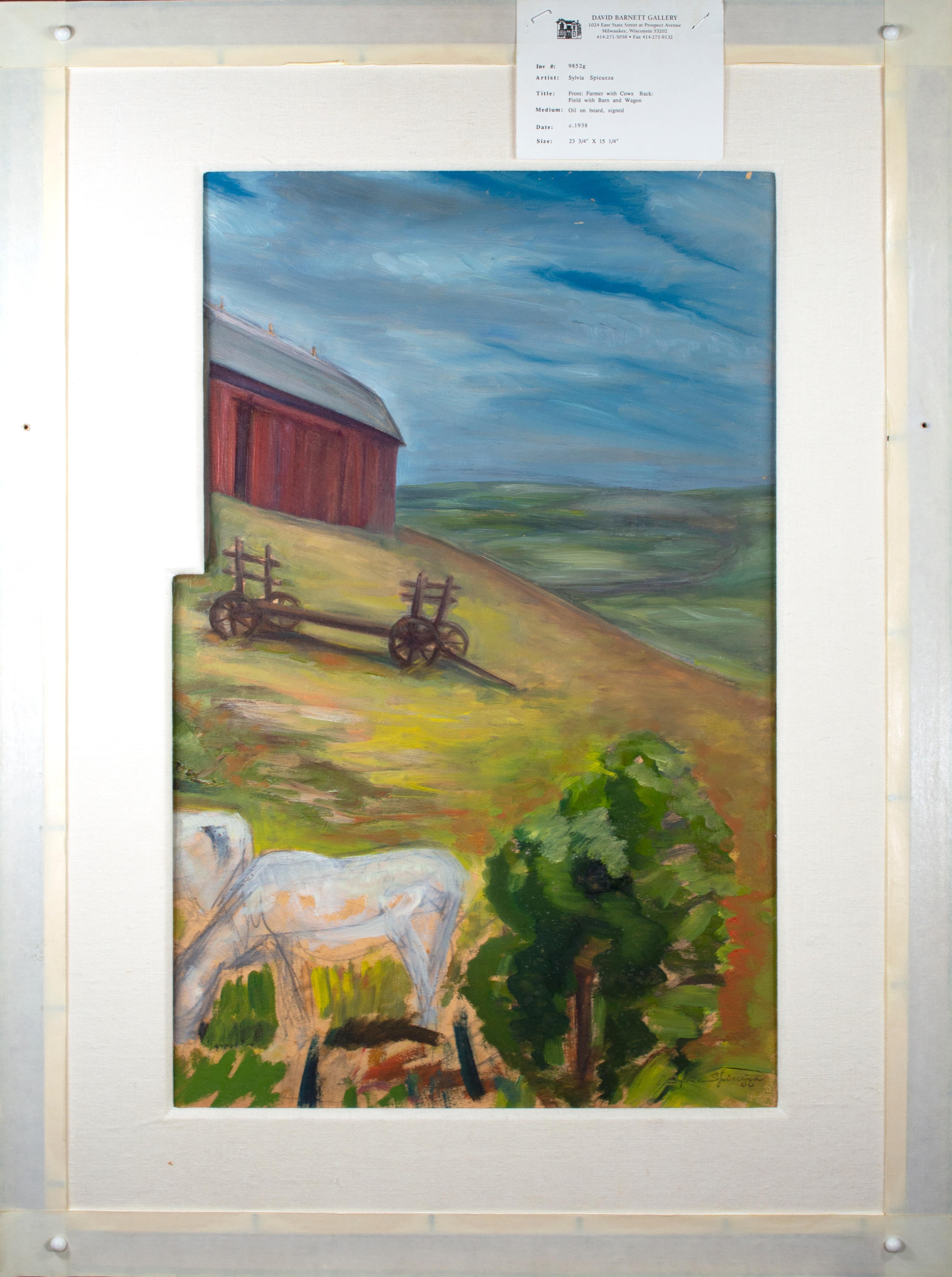 'Farmer with Cows' original Regionalist painting on board Midwestern landscape - Beige Landscape Painting by Sylvia Spicuzza