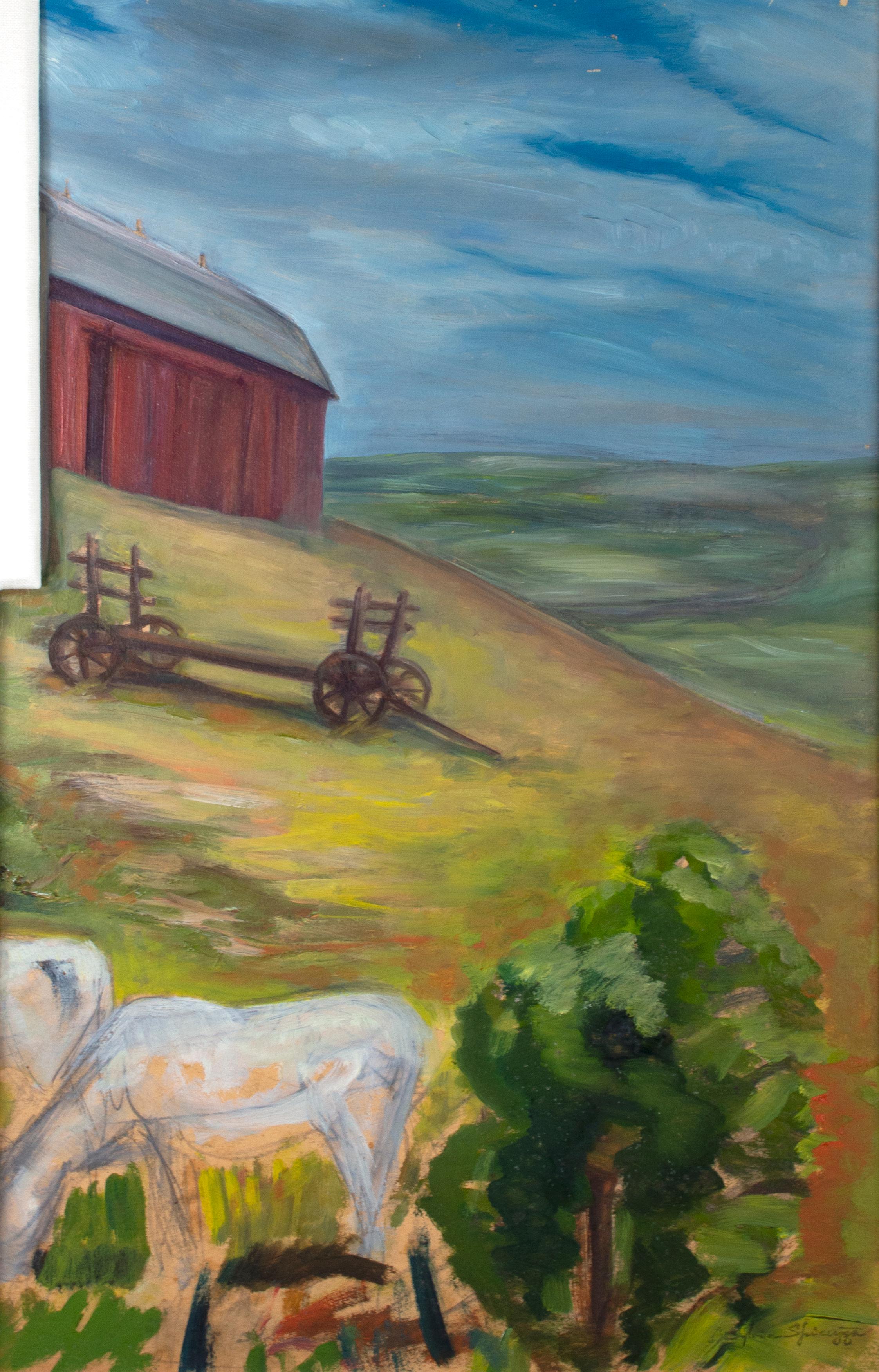 This early work by American artist Sylvia Spicuzza is an excellent example of Regionalism: in the foreground, a farmer in blue stands before a herd of cattle. Beyond the fence of their corral, rows of haystacks draw the viewer's eye toward the