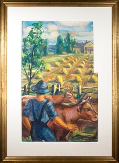 Peinture à l'huile figurative du 20e siècle représentant une scène pastorale, champ de ferme, vache