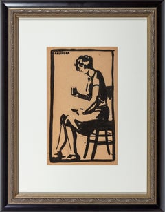 Niña con copa en la mano, Tinta sobre papel, Enmarcado, Siglo XX, Firmado