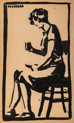 Niña con copa en la mano, Tinta sobre papel, Enmarcado, Siglo XX, Firmado