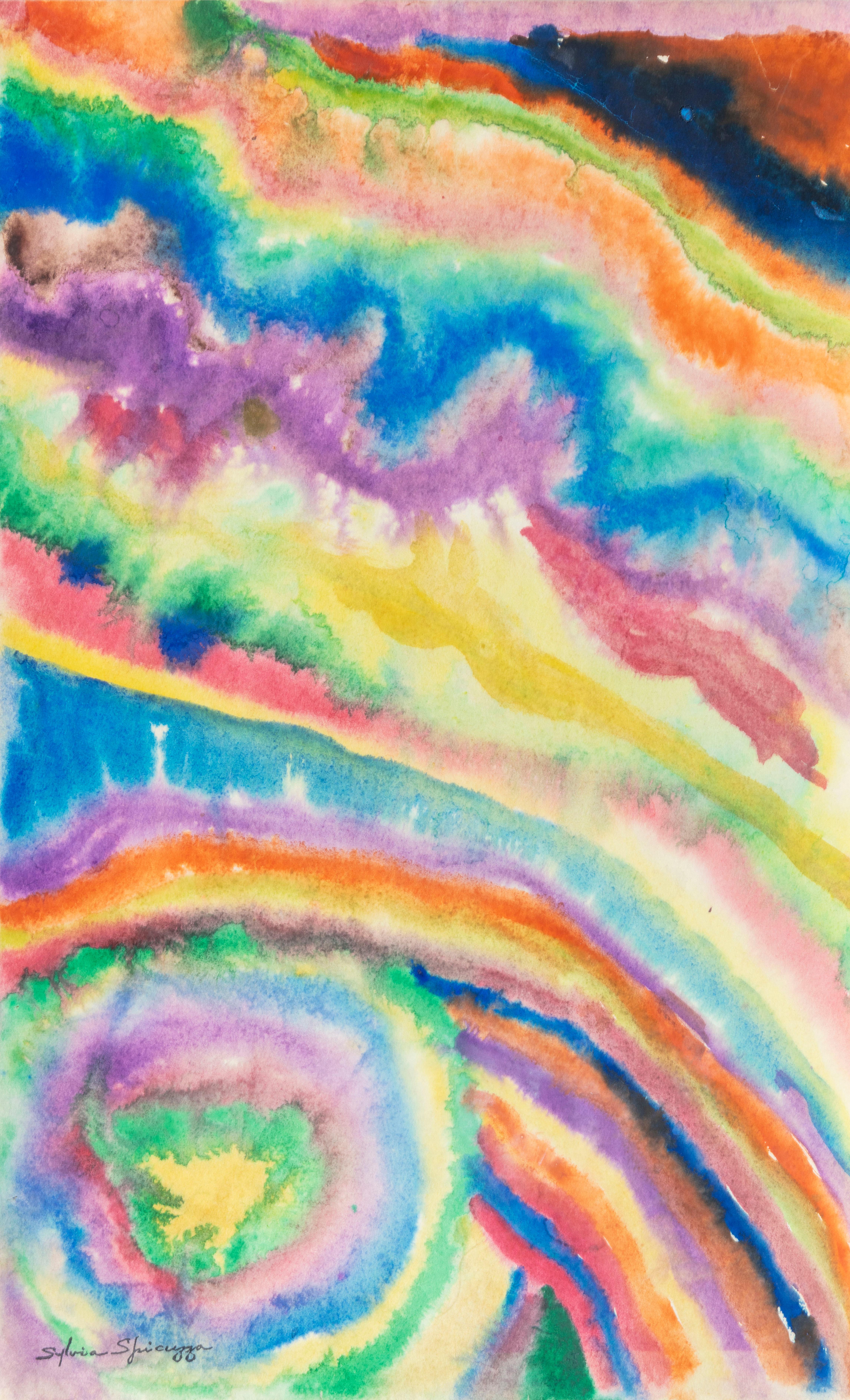 Sylvia Spicuzza Abstract Painting - Rainbow Mountain Watercolor Painting, Framed, 20th Century, Signed
