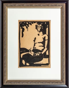 Estudiante Leyendo Pintura a Tinta, Enmarcado, Siglo XX, Firmado