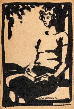 Estudiante Leyendo Pintura a Tinta, Enmarcado, Siglo XX, Firmado