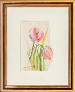 Two Tulips Watercolor Painting, Framed, 20th Century, Signed
