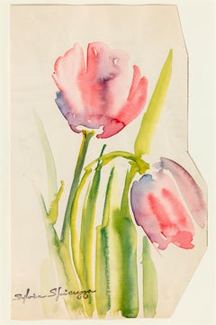 Two Tulips Watercolor Painting, Framed, 20th Century, Signed