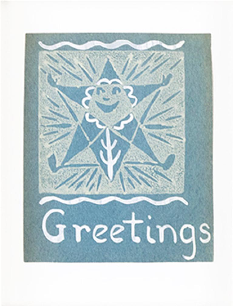 "Greetings, 'Starflower, '" Linocut with White Ink on Blue Paper by S. Spicuzza - Print by Sylvia Spicuzza
