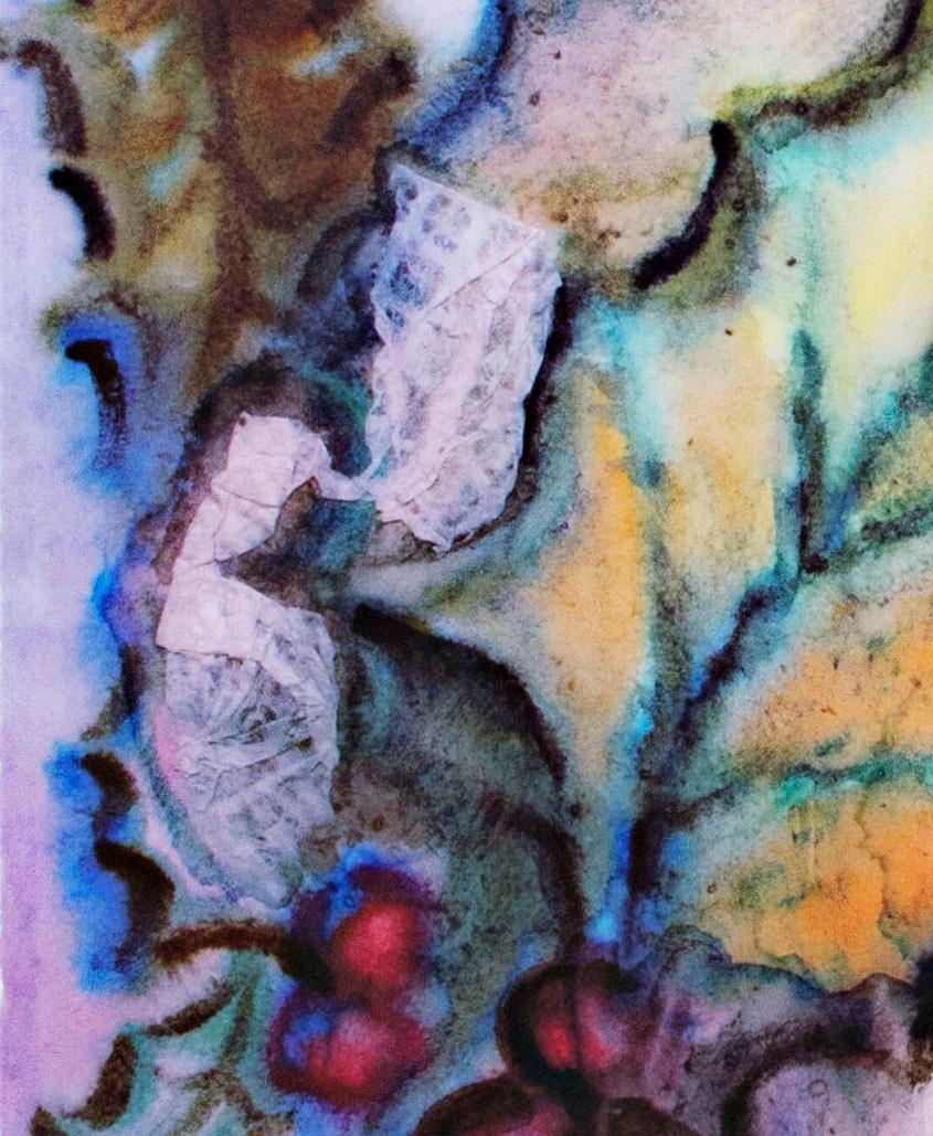 « Leaves & Berries », impression giclée d'après aquarelle et collage d'origine des années 1950 - Gris Still-Life Print par Sylvia Spicuzza
