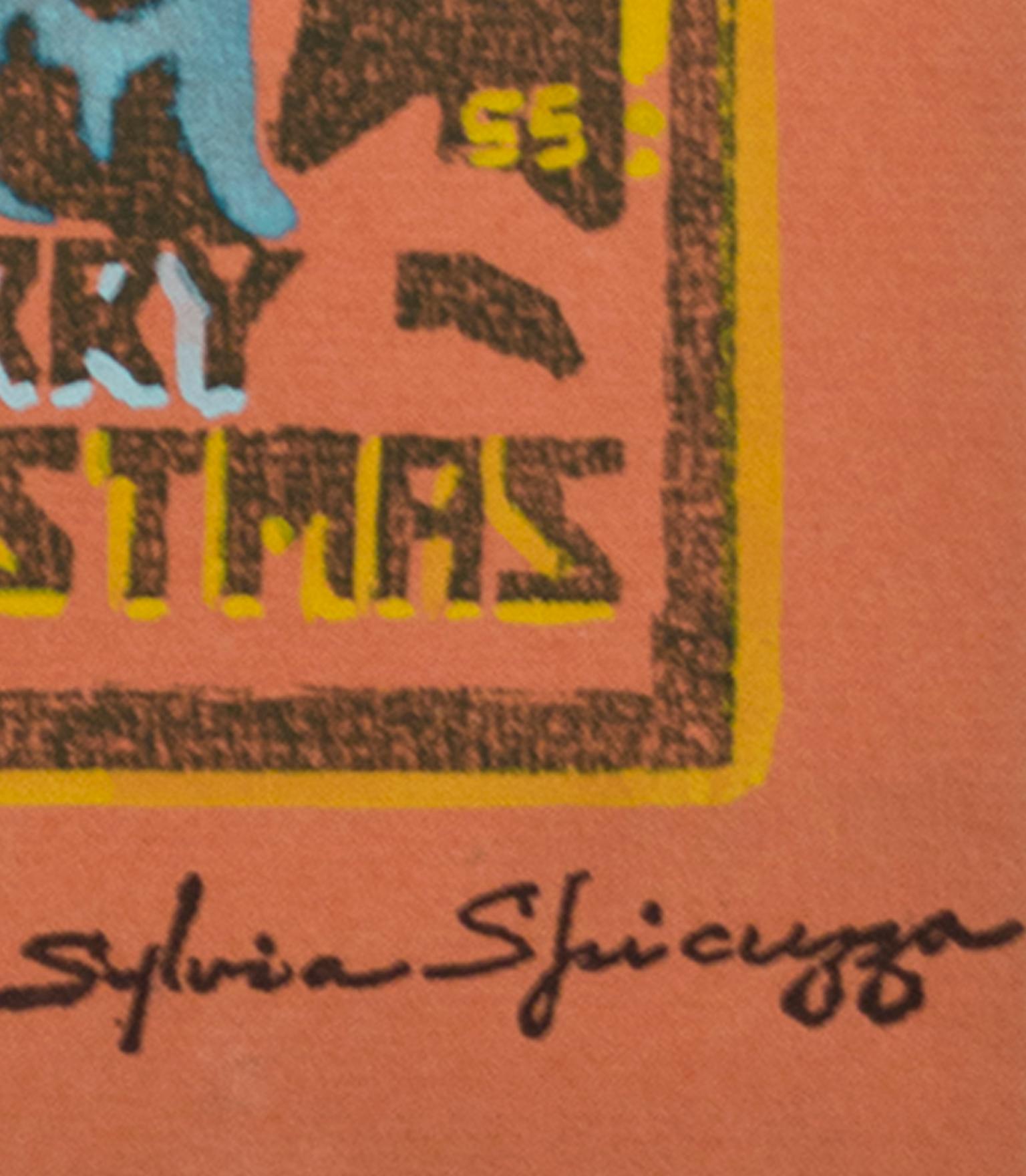 „“Merry Christmas“, originaler Farbholzschnitt, signiert mit Stempel von Sylvia Spicuzza im Angebot 1