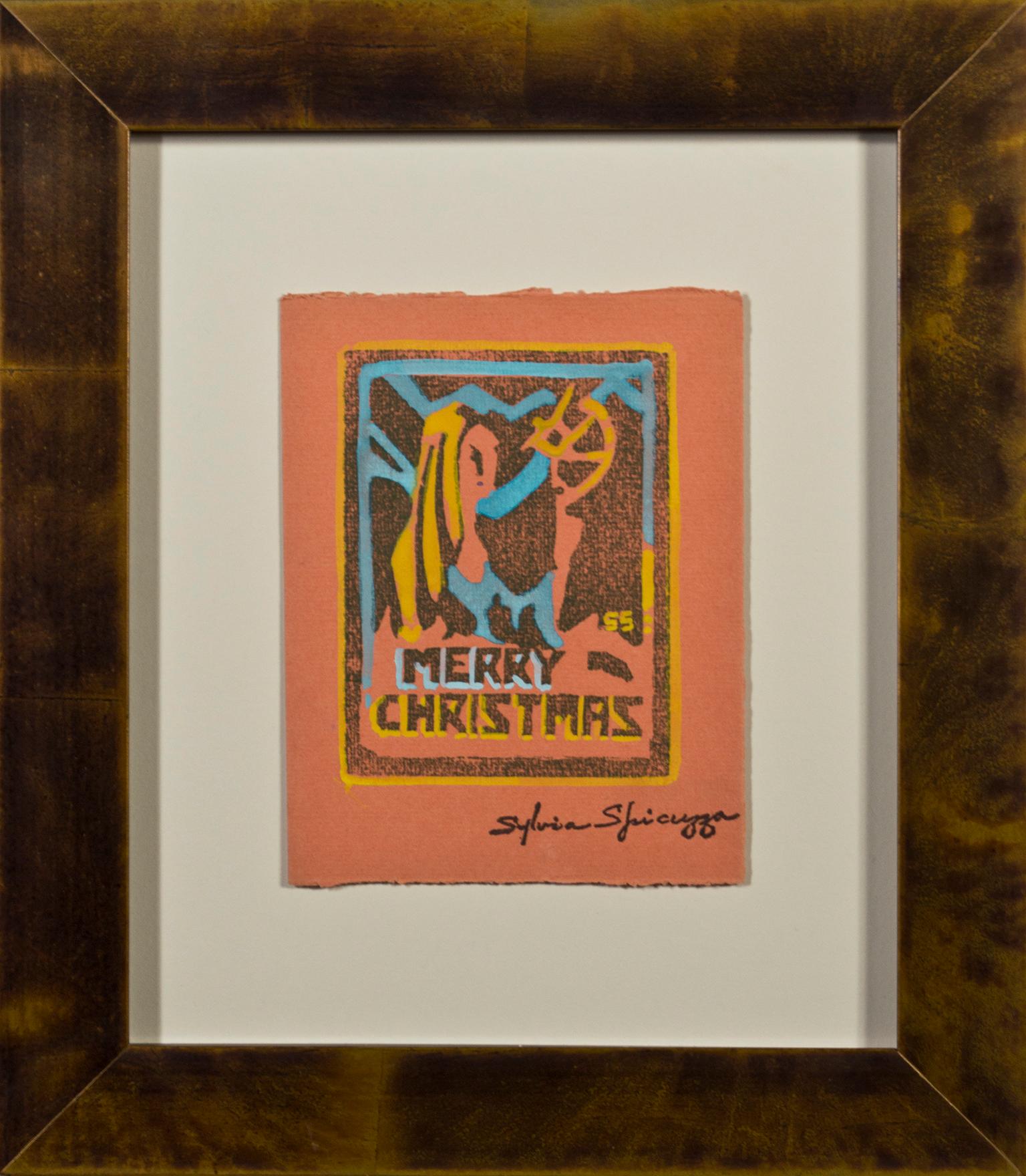 „“Merry Christmas“, originaler Farbholzschnitt, signiert mit Stempel von Sylvia Spicuzza im Angebot 3