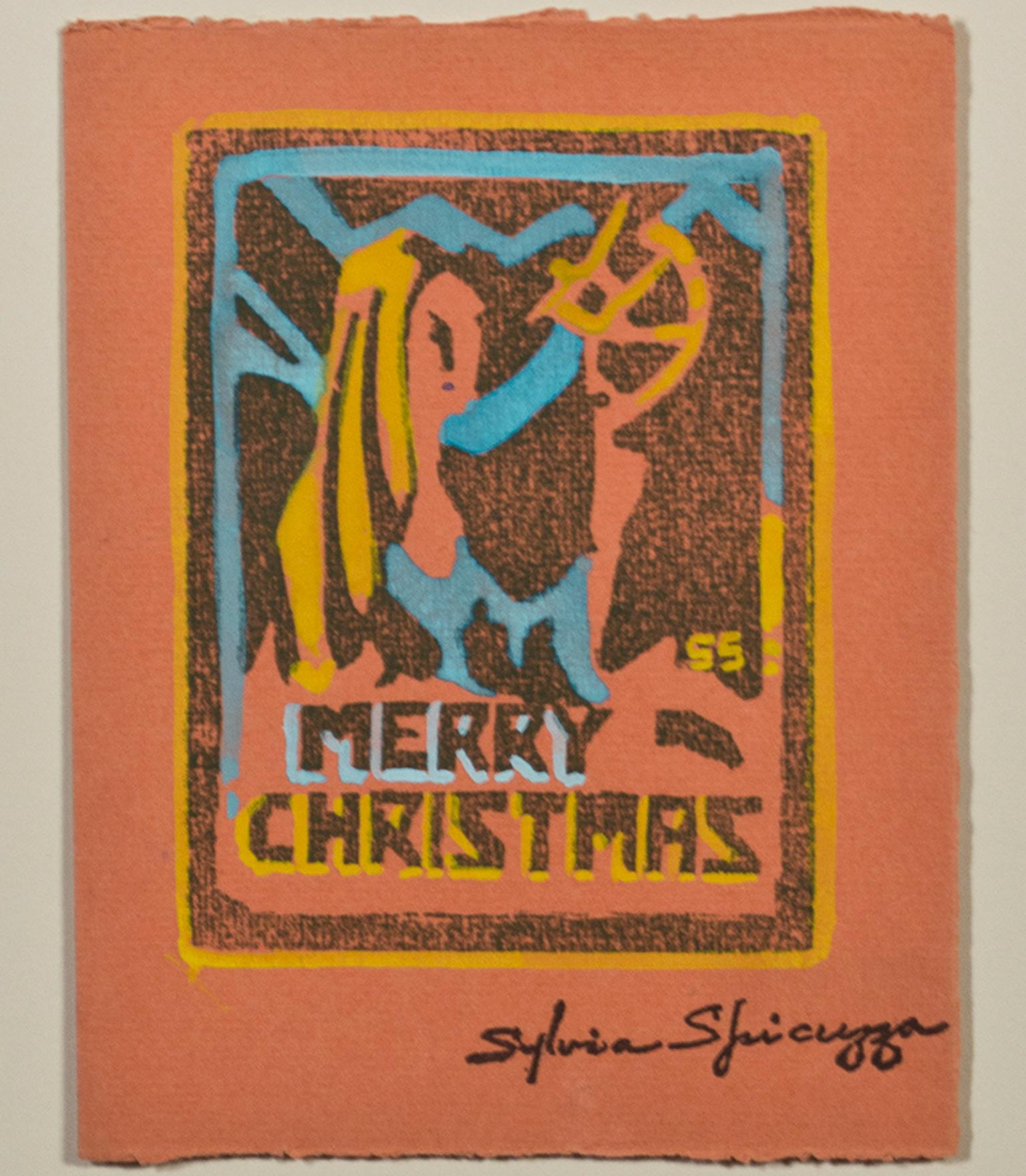 "Frohe Weihnachten" ist ein Original-Farbholzschnitt auf Papier von Sylvia Spicuzza.  Die Künstlerin hat ihre Signatur unten rechts aufgestempelt. Dieses Kunstwerk zeigt die  eine abstrahierte Figur auf orangefarbenem Papier mit gelben und blauen