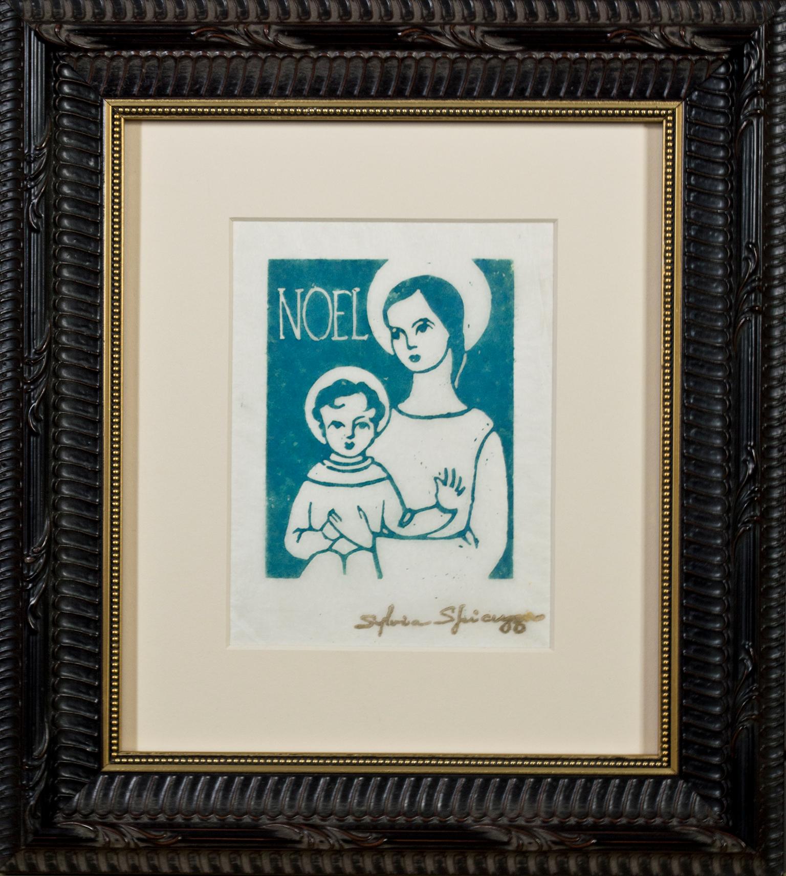 „Noel“, religiöser Linoschliff in Blau auf Tissue-Papier, signiert von Sylvia Spicuzza
