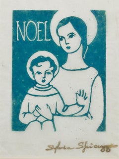 "Noel, " Linograbado religioso en azul sobre papel de seda firmado por Sylvia Spicuzza