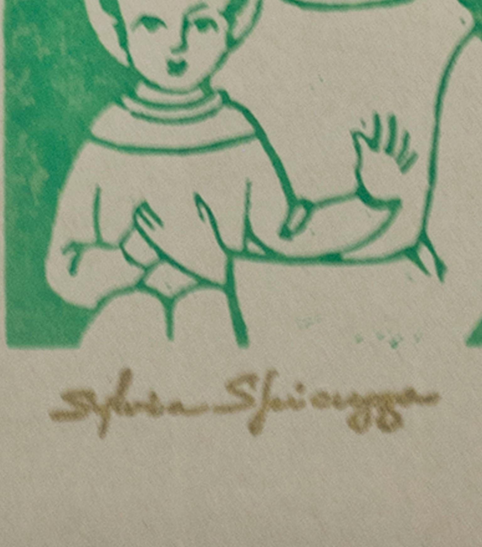 Religiöser „Noel“-Linoschliff in Grün auf braunem Papier, signiert von Sylvia Spicuzza im Angebot 2