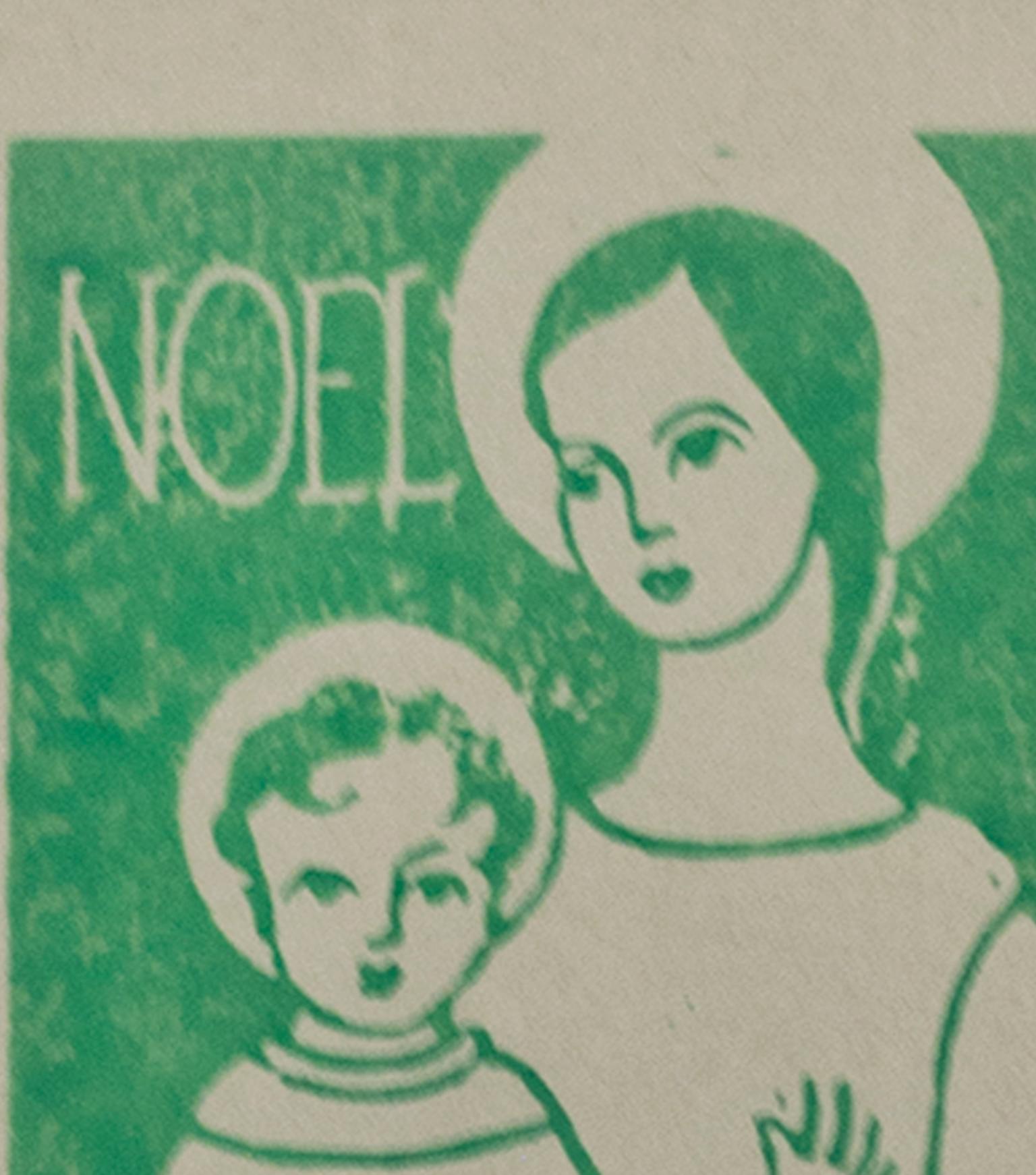 Religiöser „Noel“-Linoschliff in Grün auf braunem Papier, signiert von Sylvia Spicuzza im Angebot 3