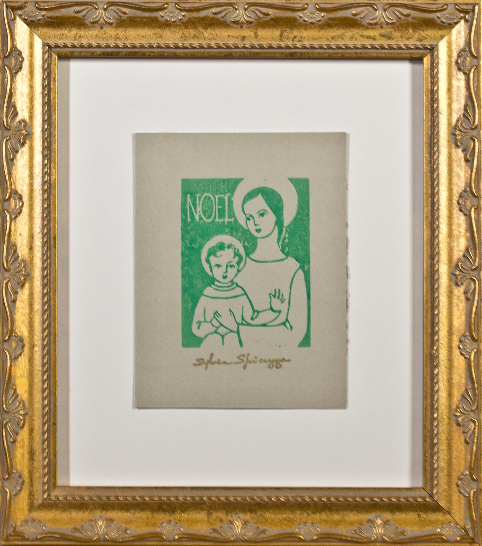 "Noel" ist ein Original-Linolschnitt in grüner Tinte auf hellbraunem Papier von Sylvia Spicuzza. Die Künstlerin hat ihre Signatur unten in der Mitte aufgestempelt. Dieses Kunstwerk zeigt die Jungfrau Maria, die das Jesuskind hält. Beide Zahlen sind
