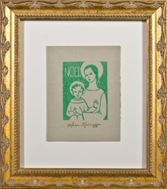 "Noel, " Linograbado religioso en verde sobre papel bronceado firmado por Sylvia Spicuzza