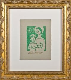 « Noel, linogravure religieuse en vert sur papier brun clair signée par Sylvia Spicuzza