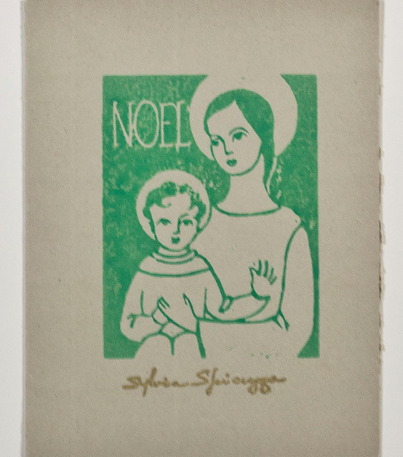 Religiöser „Noel“-Linoschliff in Grün auf braunem Papier, signiert von Sylvia Spicuzza im Angebot 1