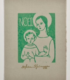 "Noel, " Religious Linocut in Green on Tan Paper signed by Sylvia Spicuzza