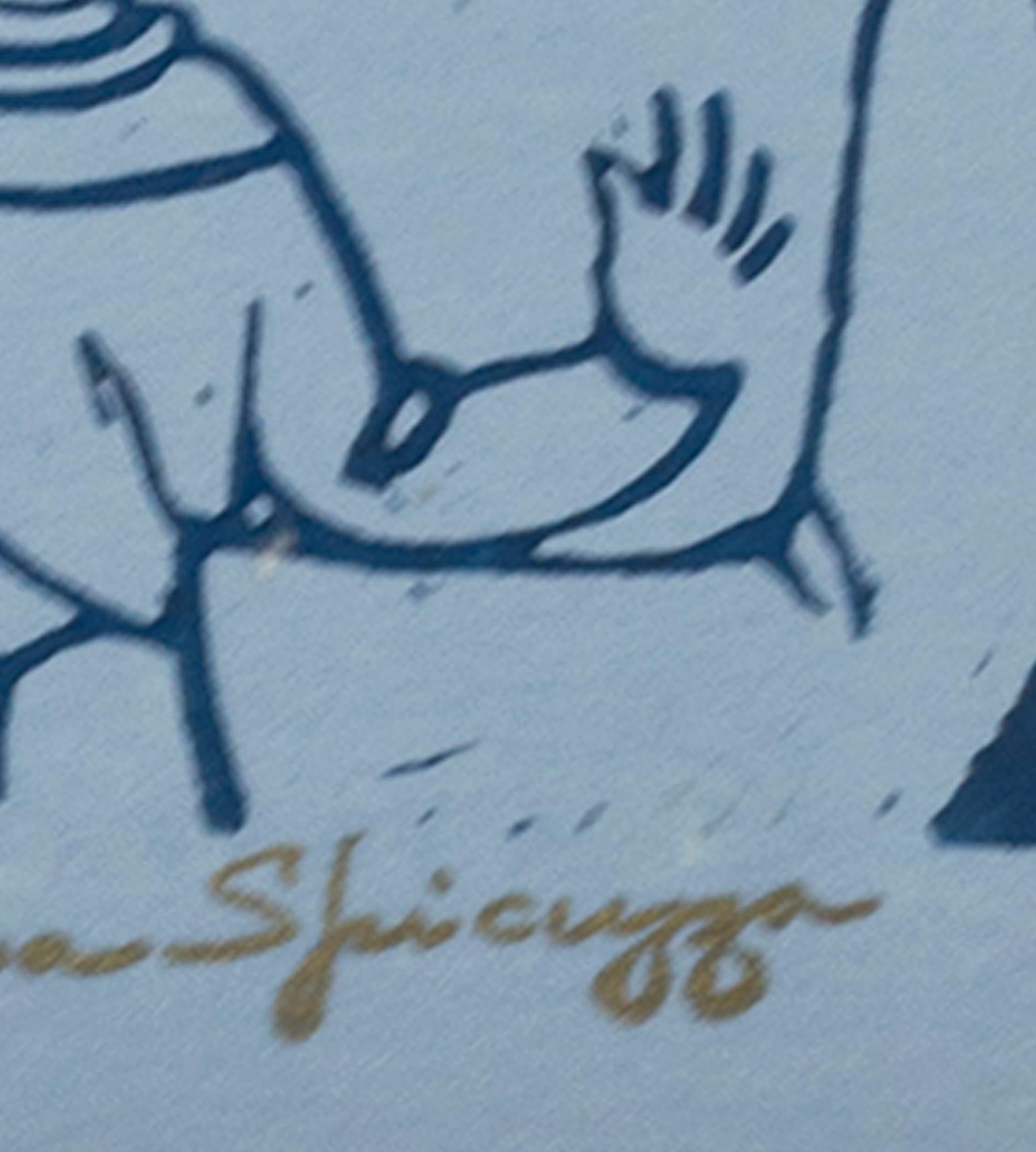 „Noel“, religiöser Linoschliff auf blauem Papier, gestempelte Signatur von Sylvia Spicuzza im Angebot 2