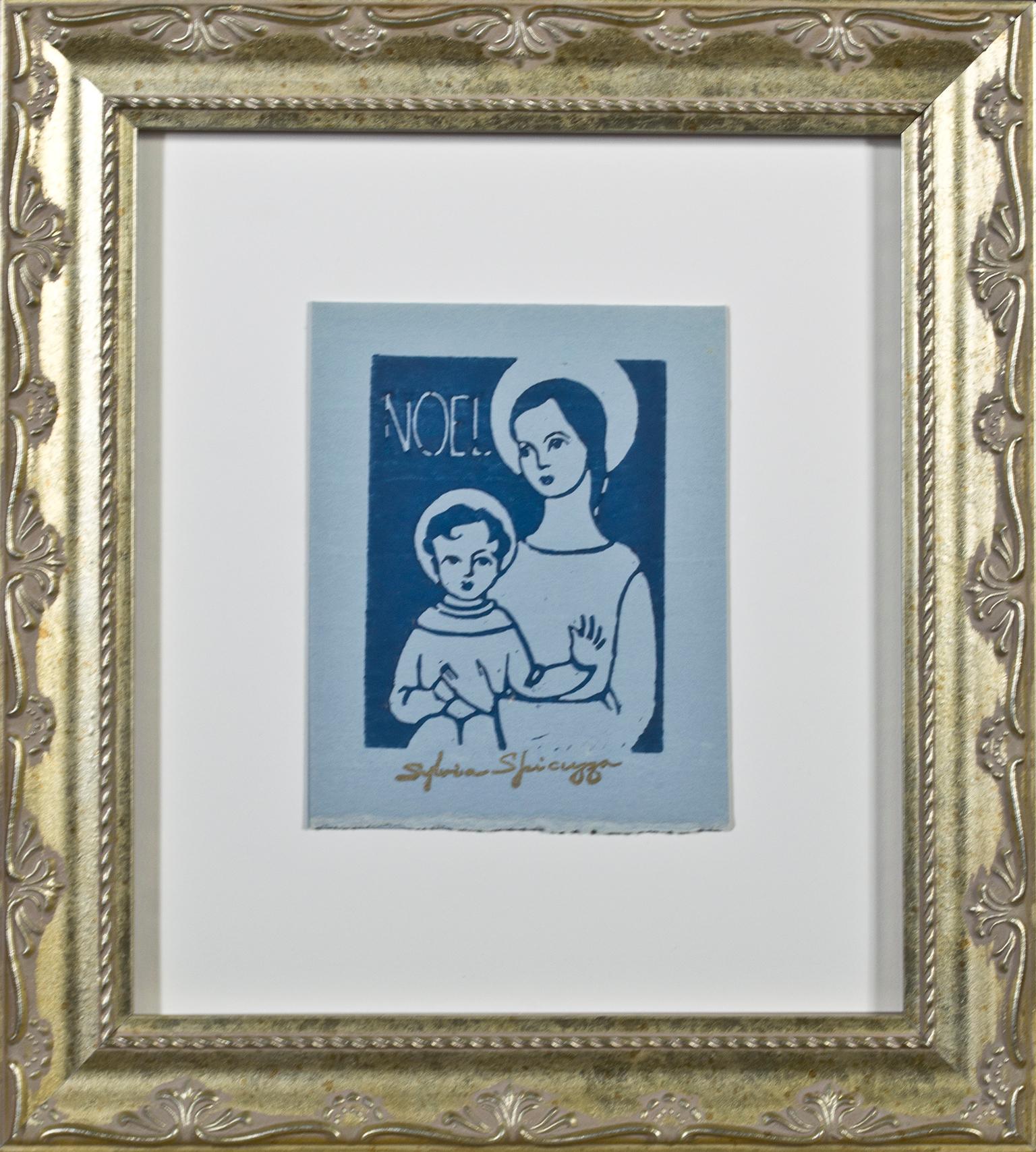 "Noel" ist ein Original-Linolschnitt auf blauem Papier von Sylvia Spicuzza. Die Künstlerin hat ihre Signatur unten in der Mitte aufgestempelt. Dieses Kunstwerk zeigt die Jungfrau Maria, die das Jesuskind hält. Beide Zahlen sind vereinfacht. 

5 1/4"