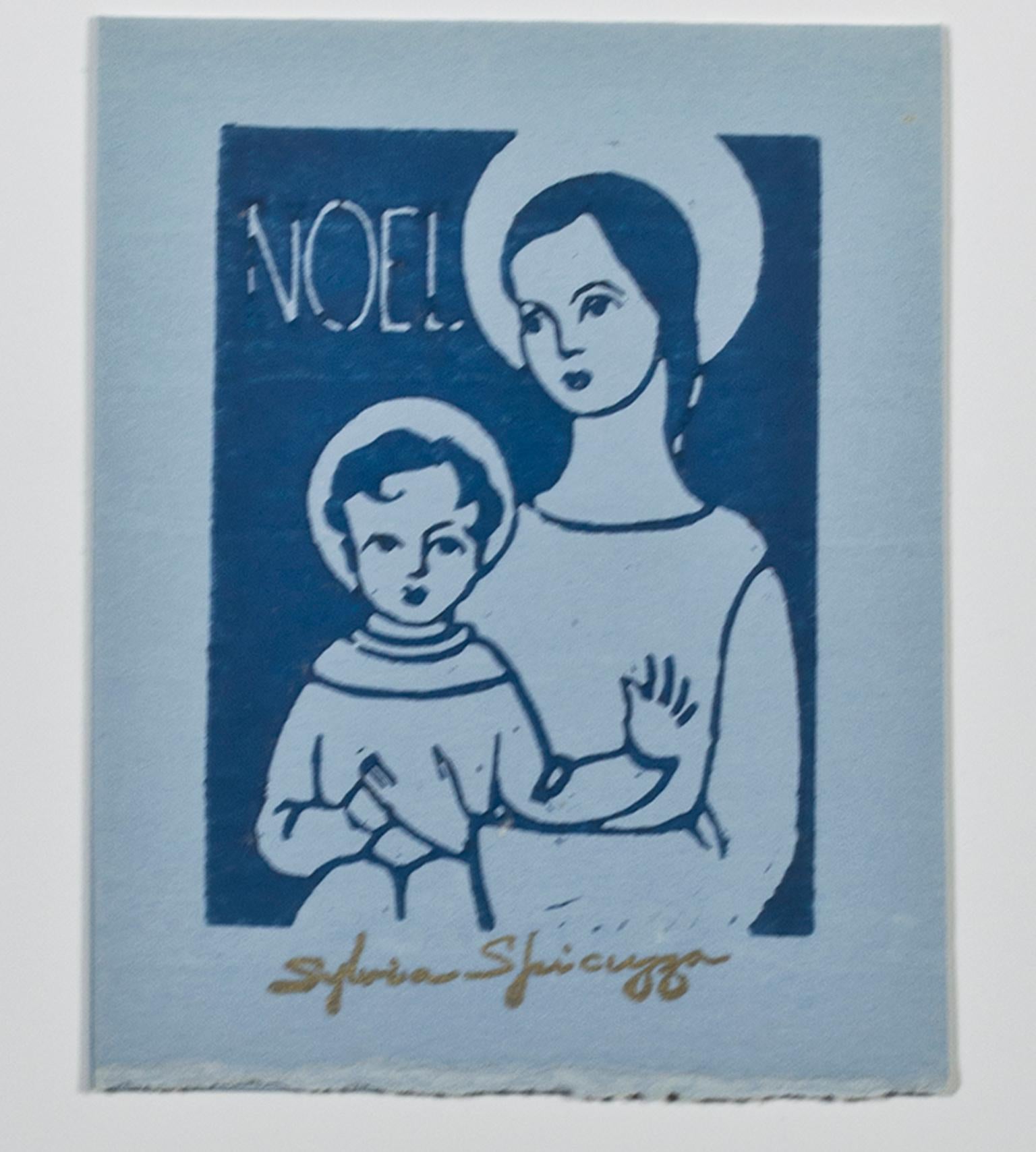 „Noel“, religiöser Linoschliff auf blauem Papier, gestempelte Signatur von Sylvia Spicuzza im Angebot 1