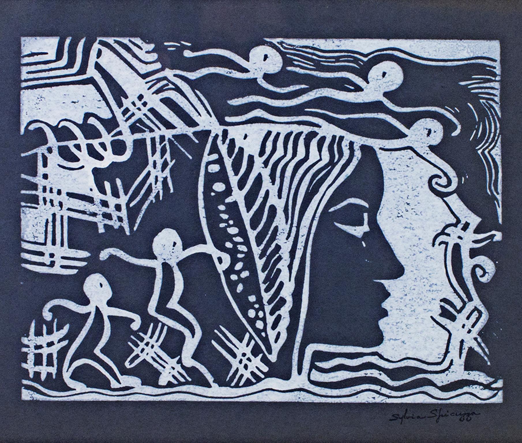 Girl swimming art Linocut print Abstract blue water Original artwork