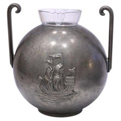 Sylvia Stave for CG Hallberg, Pewter Vase with Original Glass Insert Sweden 1934