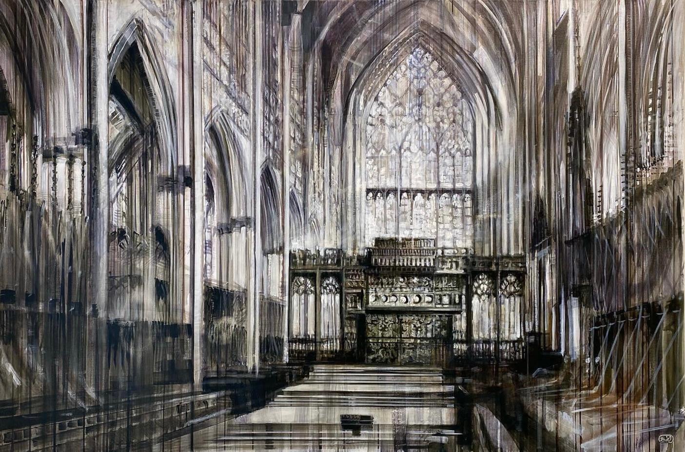 Sylvia Van Opstall Figurative Painting - Up she goes-  21st Century Contemporary Cathedral Interior Painting