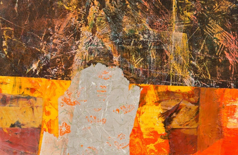 Sylvia Vander Sluis’s “Dense Space” is a tactile and colorful abstract mixed media collage on canvas. Black and orange dominate with touches of red and purple. In this 24 x 24 x 1.5 inch work, acrylic, woodcut, nuno felting, decorative paper, and