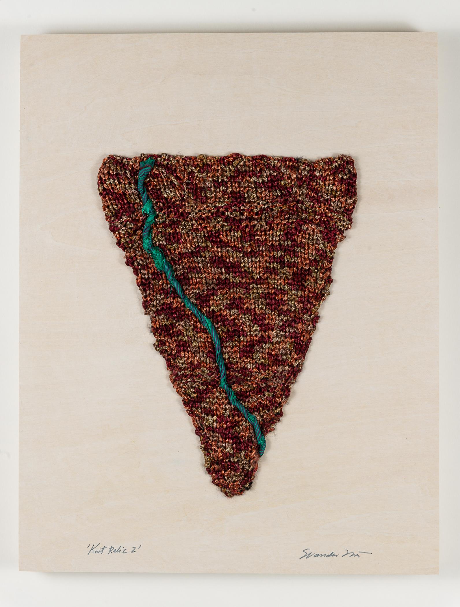 "Knit Relic 2", fiber, silk, burgandy, gold, tan, turquoise, sculpture - Art by Sylvia Vander Sluis