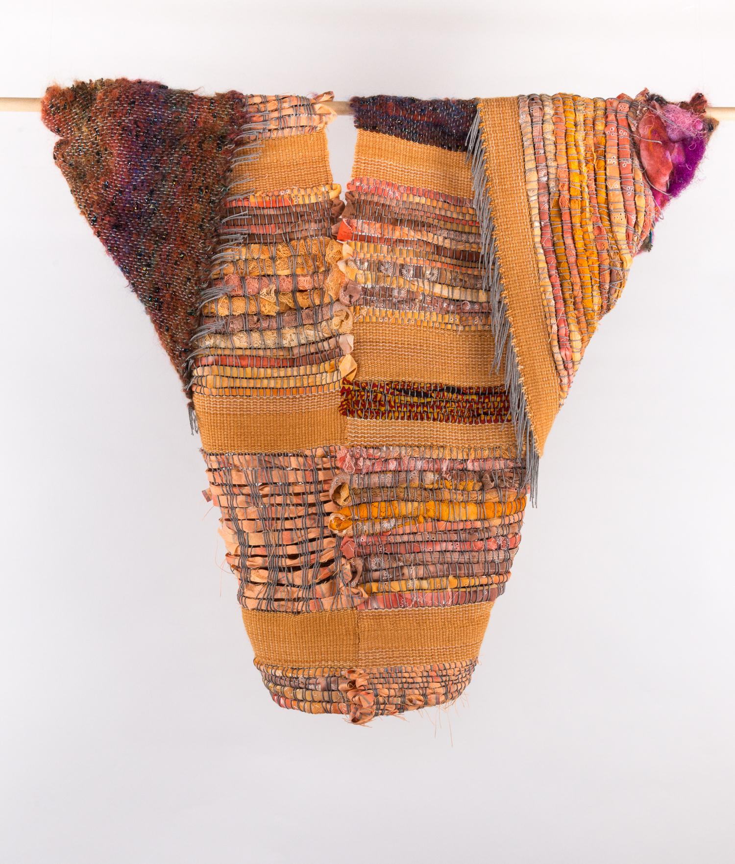 "Peachy Keen", fiber, sculpture, handwoven, felting, orange, brown - Art by Sylvia Vander Sluis