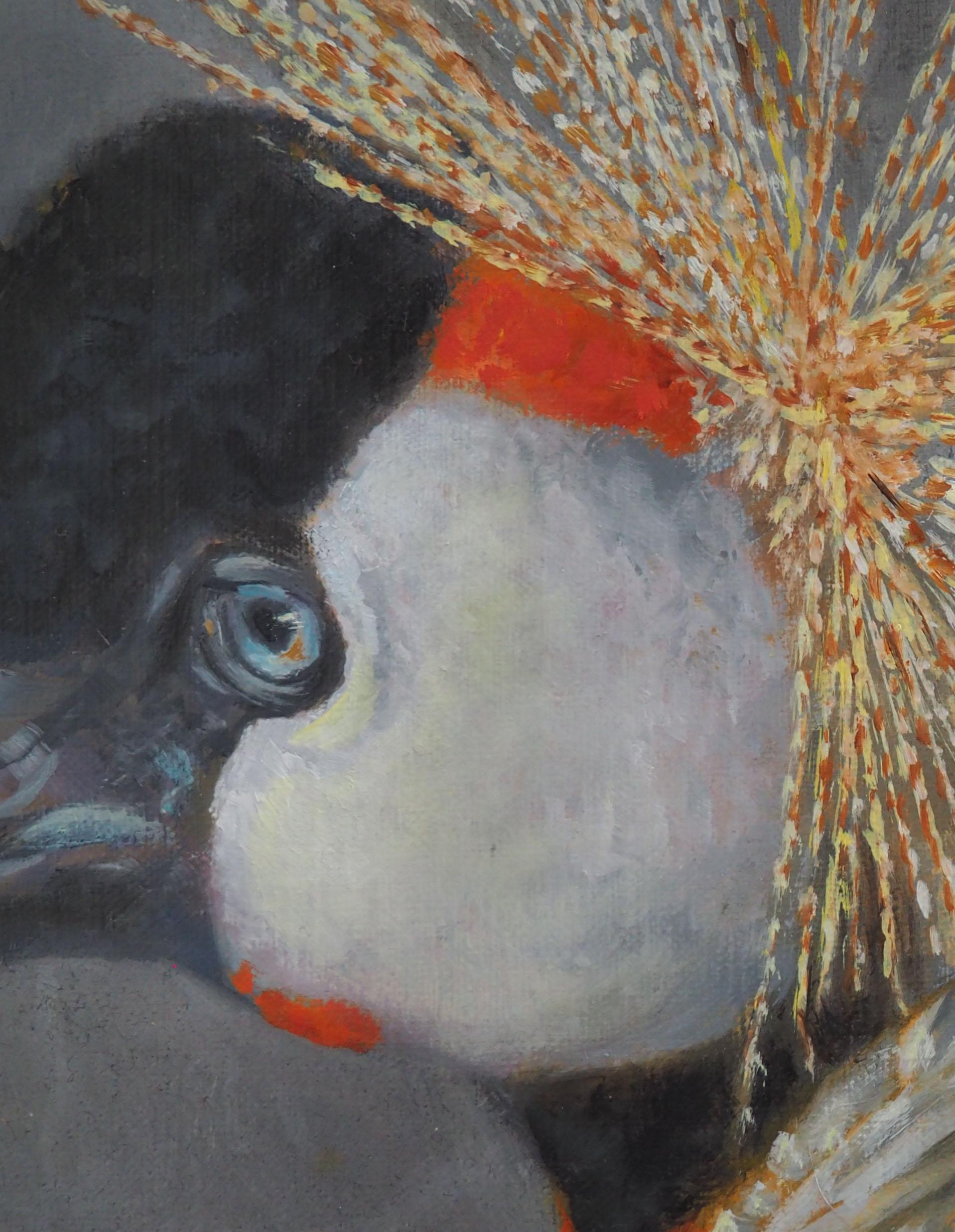 Crowned Crane Oil on canvas by Sylvie AJACQUES - Painting by Sylvie AJACQUES 