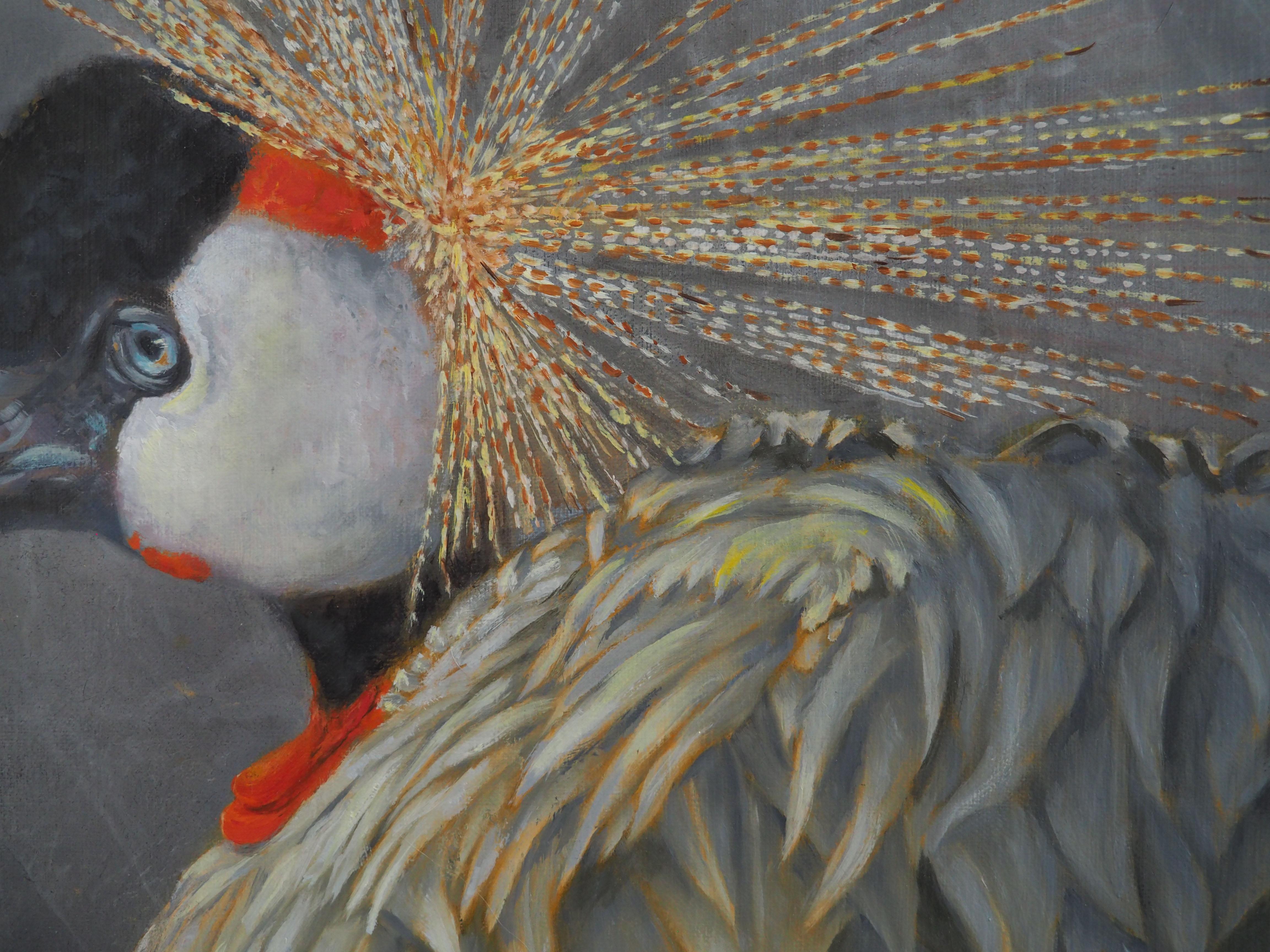Crowned Crane Oil on canvas by Sylvie AJACQUES For Sale 4