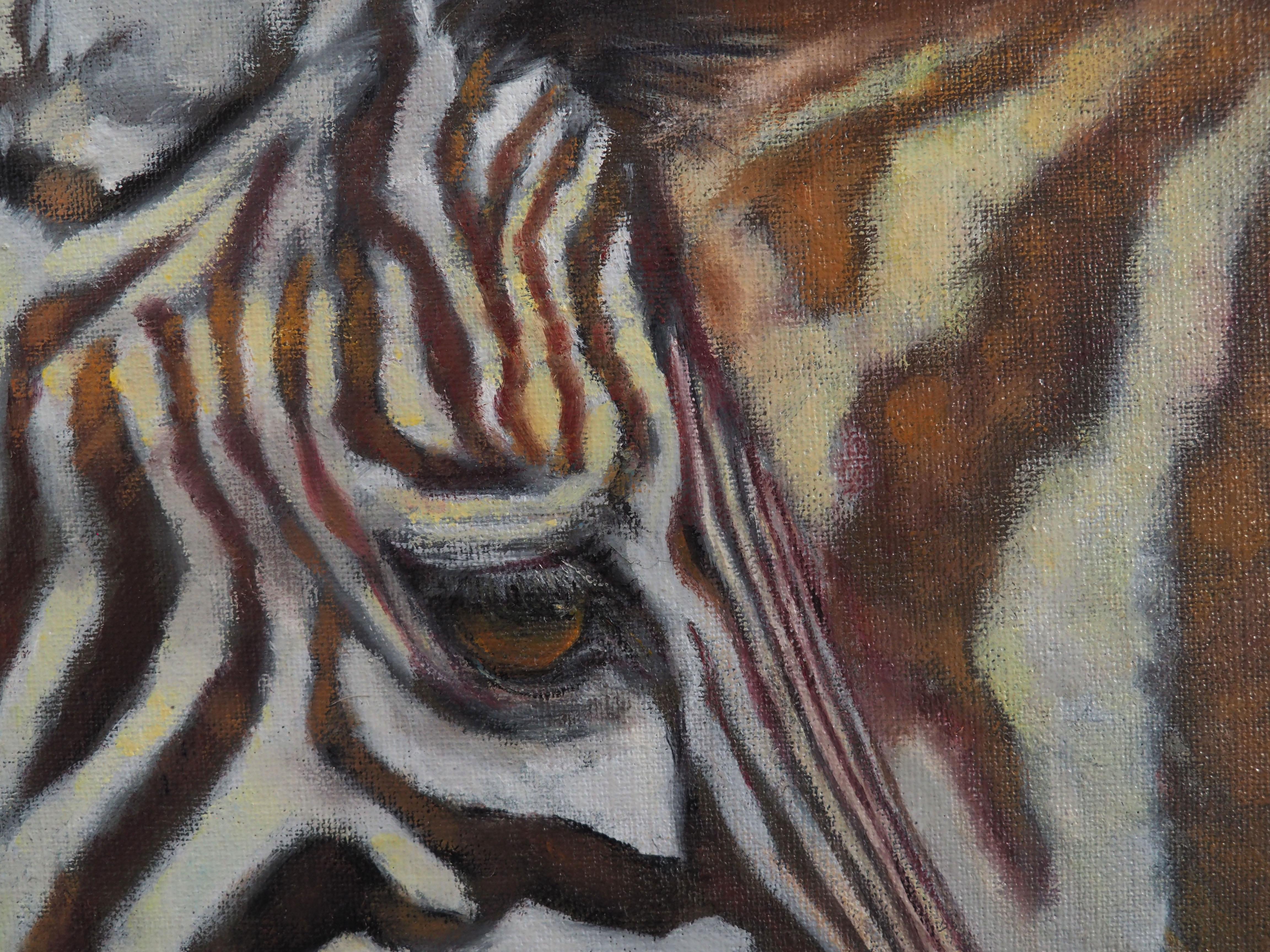 Portrait Zebra Oil on canvas by Sylvie AJACQUES - Black Animal Painting by Sylvie AJACQUES 