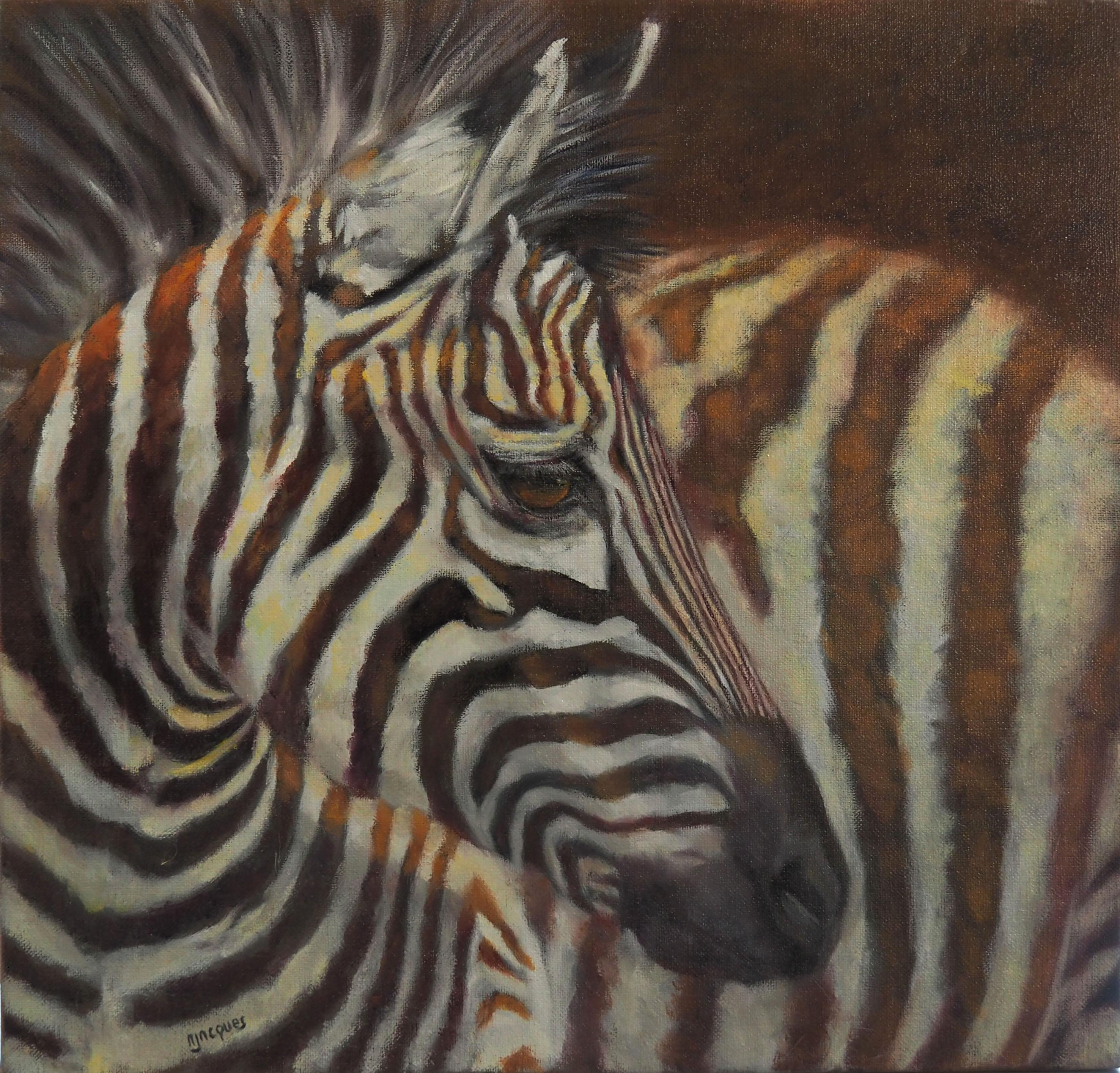 Sylvie AJACQUES  Animal Painting - Portrait Zebra Oil on canvas by Sylvie AJACQUES